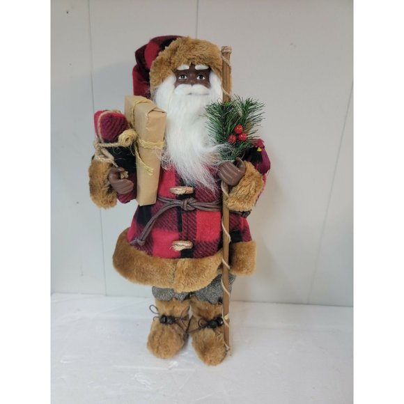 18" Decorative Black Santa w/ Buffalo Check Coat by Valerie - Picture 2 of 3